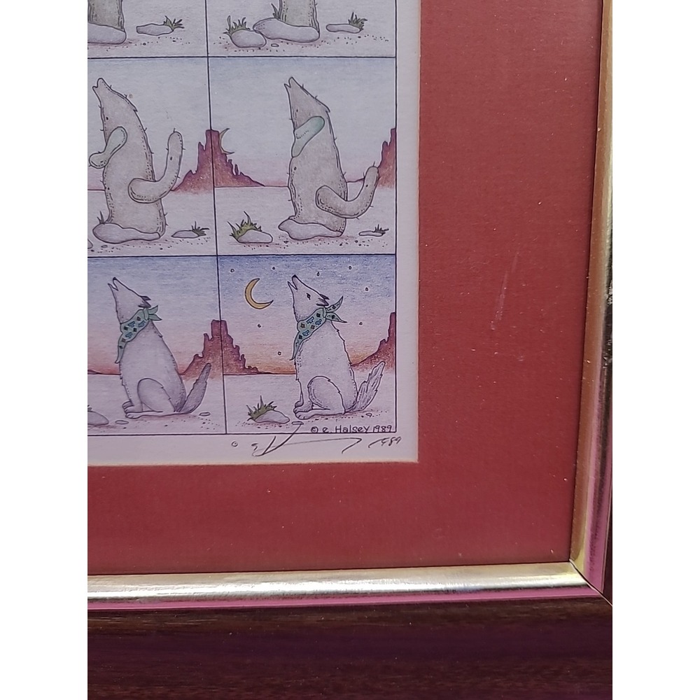 Signed Artwork: E. Halsey 1989 Transformation Framed Picture Cactus to Coyote - Picture 3 of 7